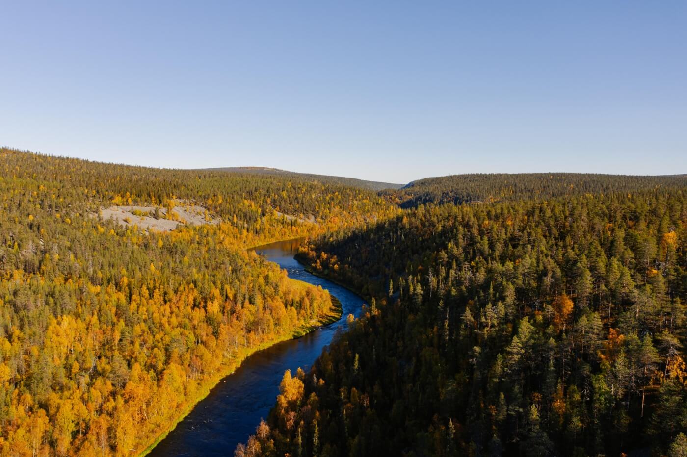 Vista aérea de un río serpenteante rodeado de bosques en el Parque Nacional Urho Kekkonen, Laponia.