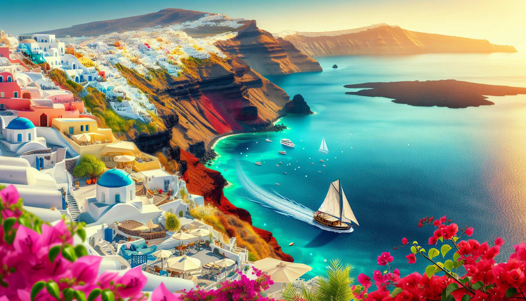 Santorini caldera, white villages, volcanic island, sailboat