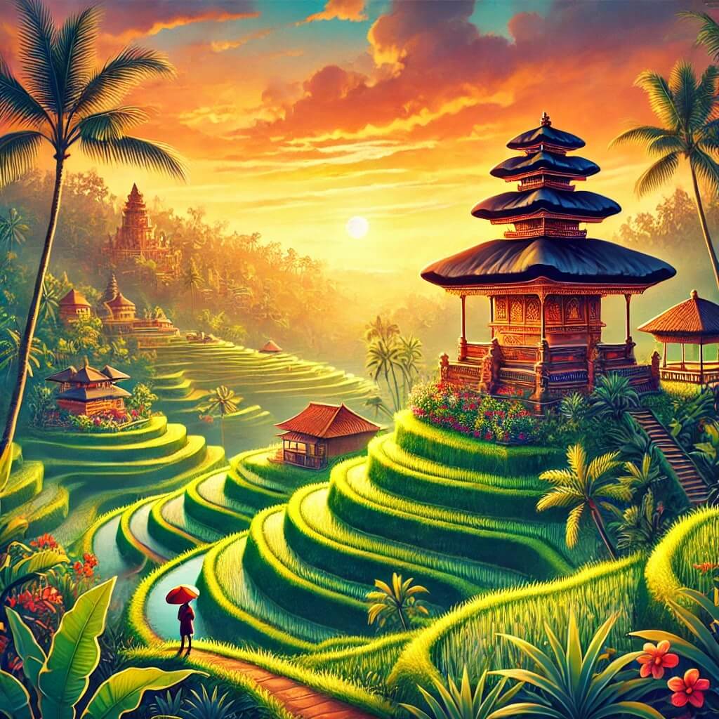Terrazas de arroz exuberantes y un templo balinés bajo un atardecer dorado, rodeado de palmeras y naturaleza vibrante.