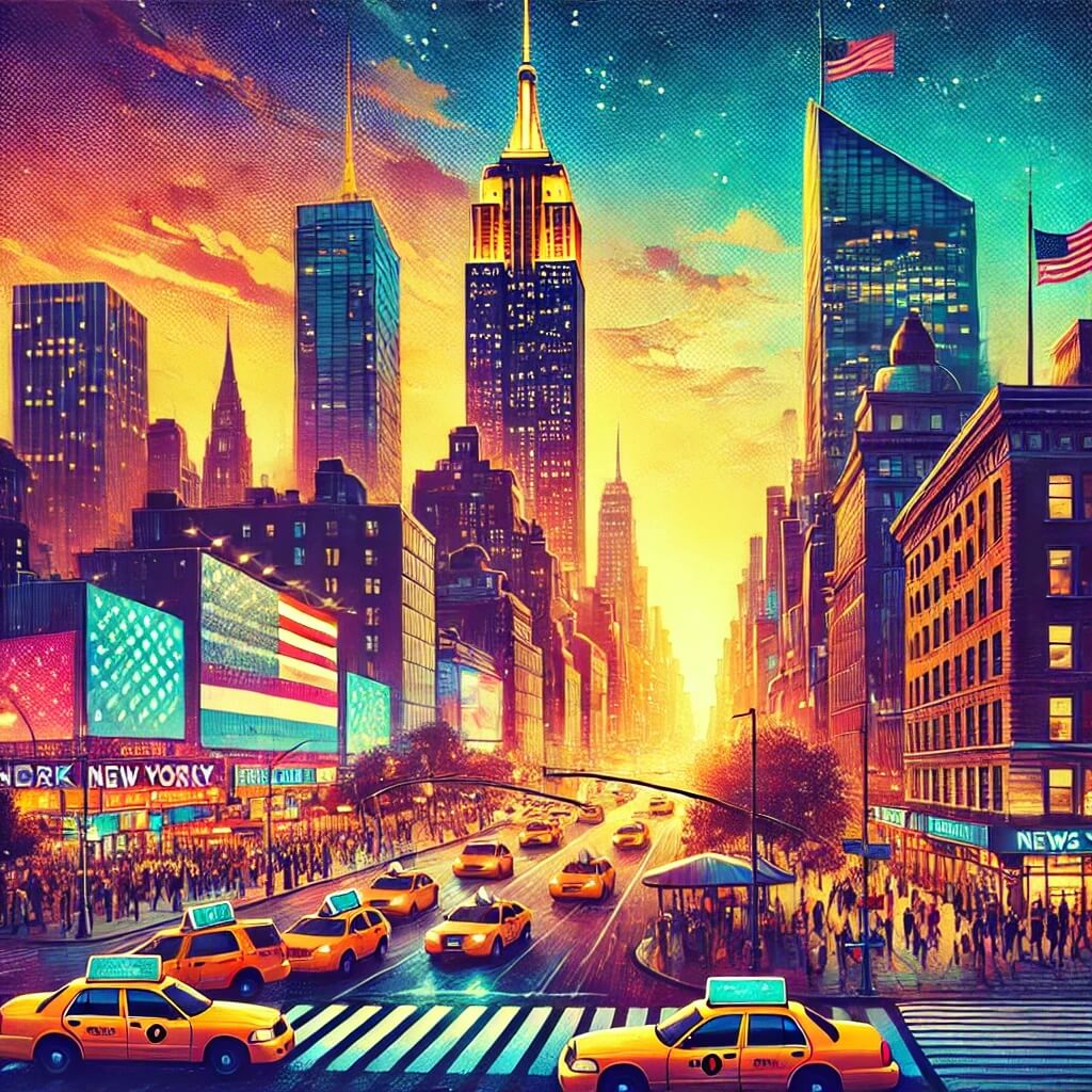 The New York City skyline at dusk, featuring the Empire State Building, Times Square lights, and bustling streets.