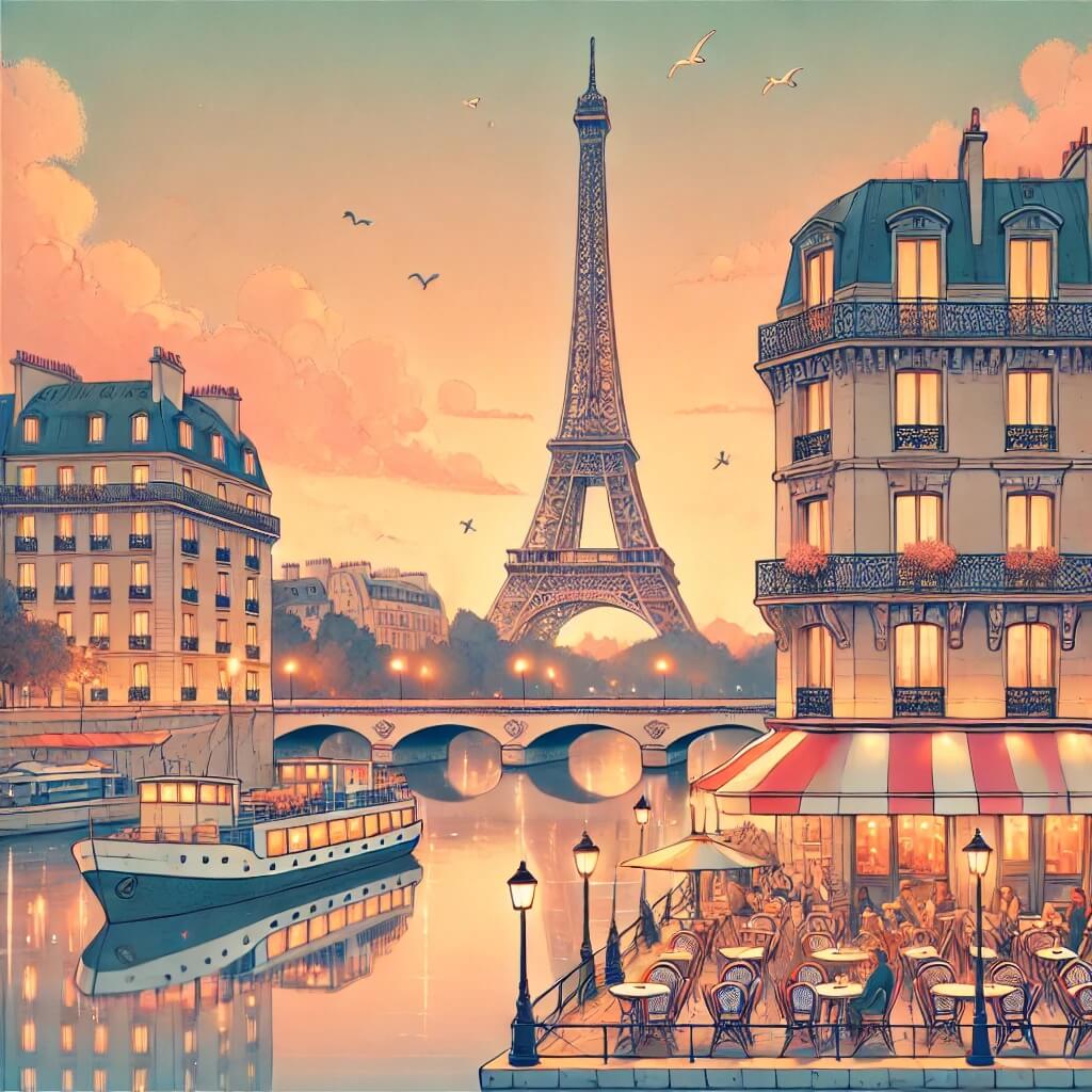 The Eiffel Tower at sunset, overlooking the Seine River with Parisian streets and a cozy café in the foreground.