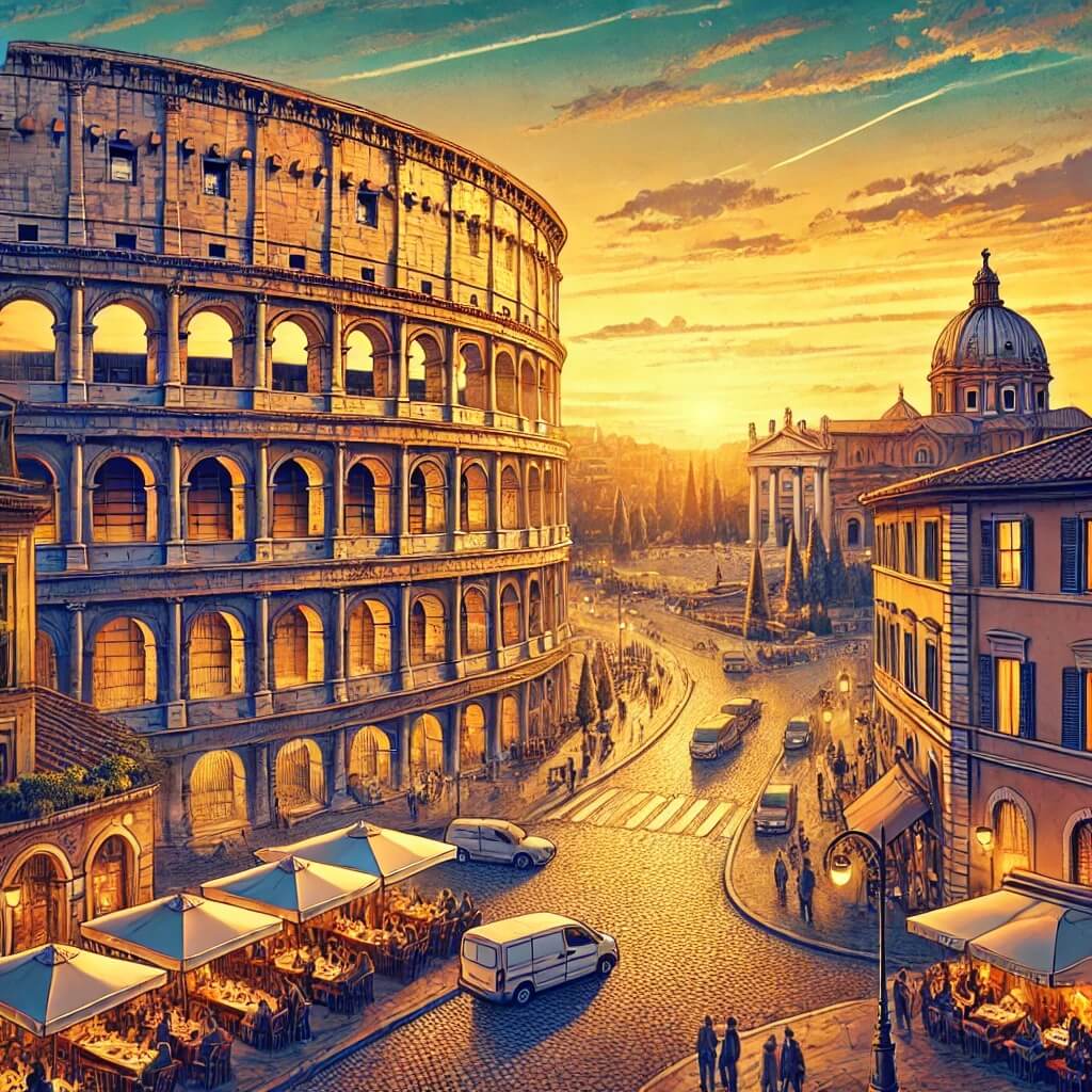 The Colosseum bathed in golden light at sunset, surrounded by historic Roman architecture and lively piazzas.