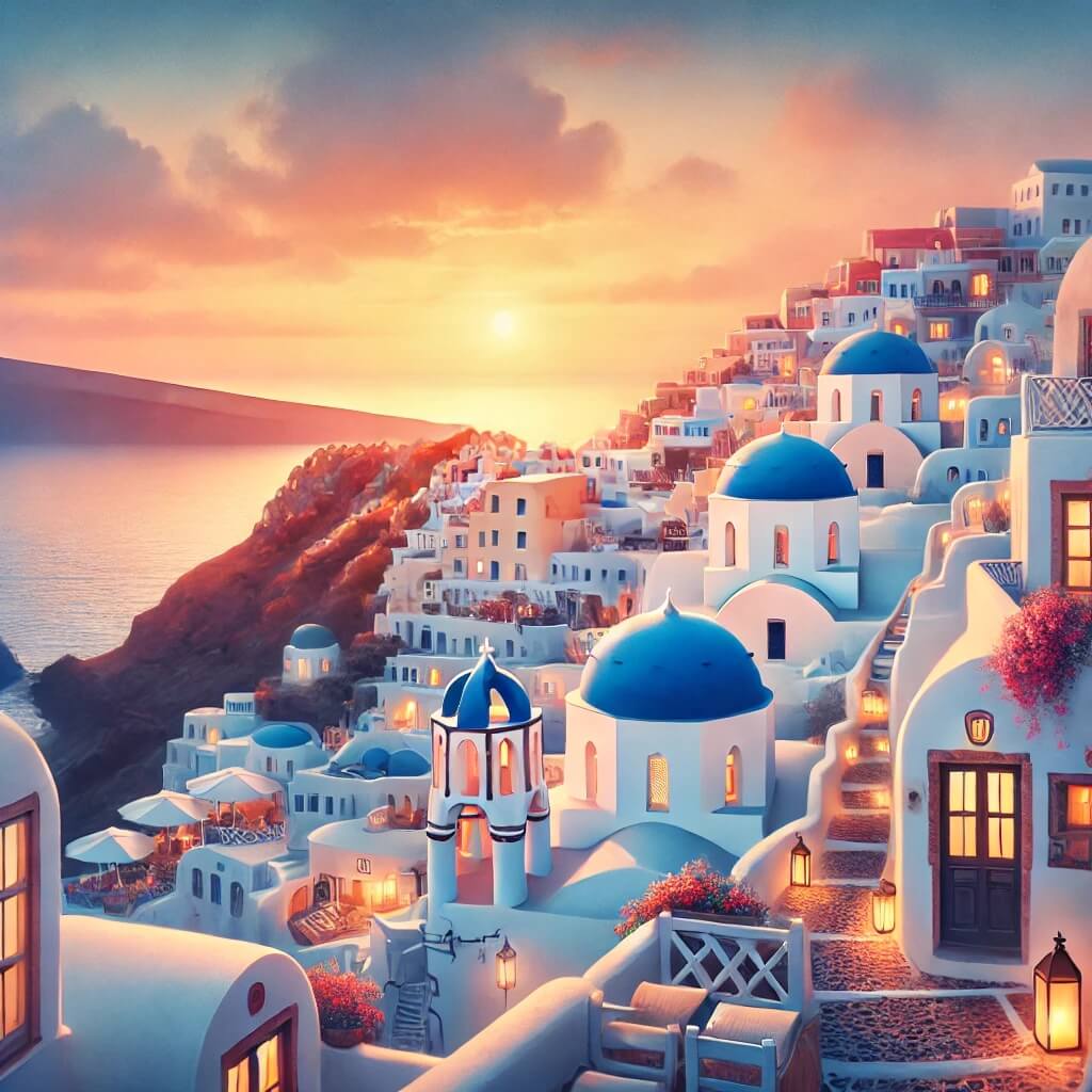 Whitewashed houses with blue domes overlooking the Aegean Sea at sunset, with narrow cobblestone streets.