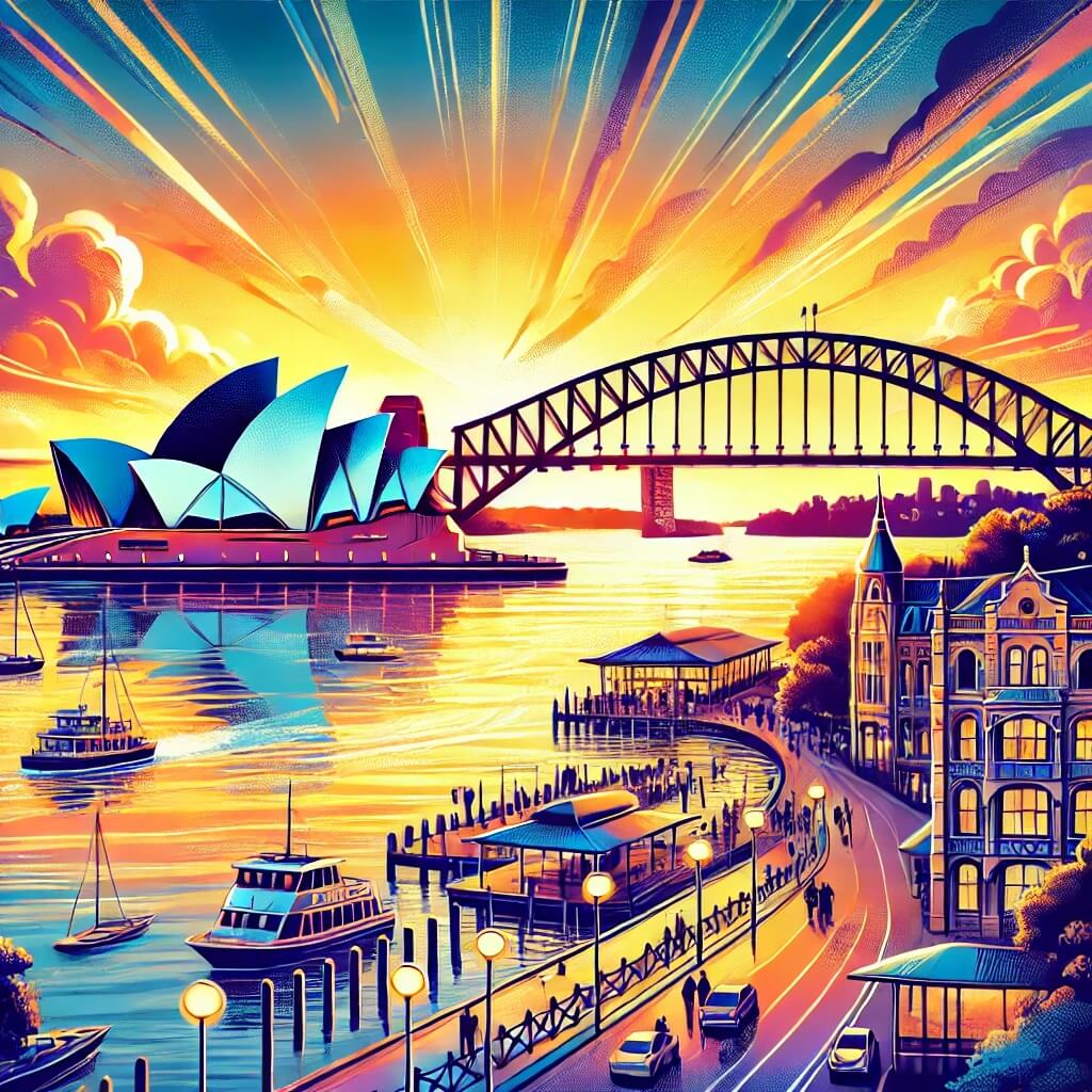 The Sydney Opera House and Harbour Bridge at sunset, reflecting on the harbor with boats and a vibrant city skyline.