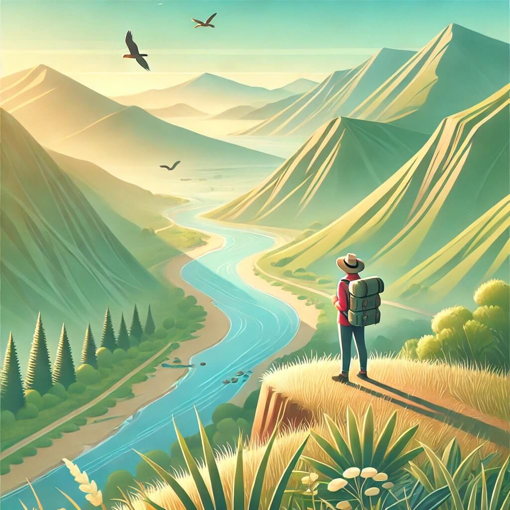 Traveler on a cliff overlooking a bright valley with a winding river and mountains in soft morning light.